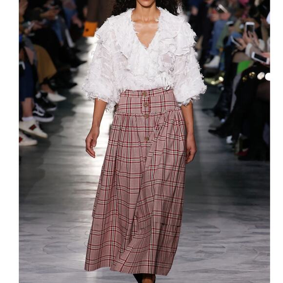 Rejina Pyo Christmas Plaid Midi Skirt Red Green Button Front Size 2 US 6 UK $550 - Picture 1 of 16